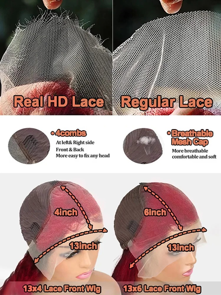 30 40 Inch Burgundy High Density Red Color Preplucked Hairline Wear And Go 13x6 HD Lace Frontal Human Hair Wigs Gluelesss Straight Lace Front Wig For 