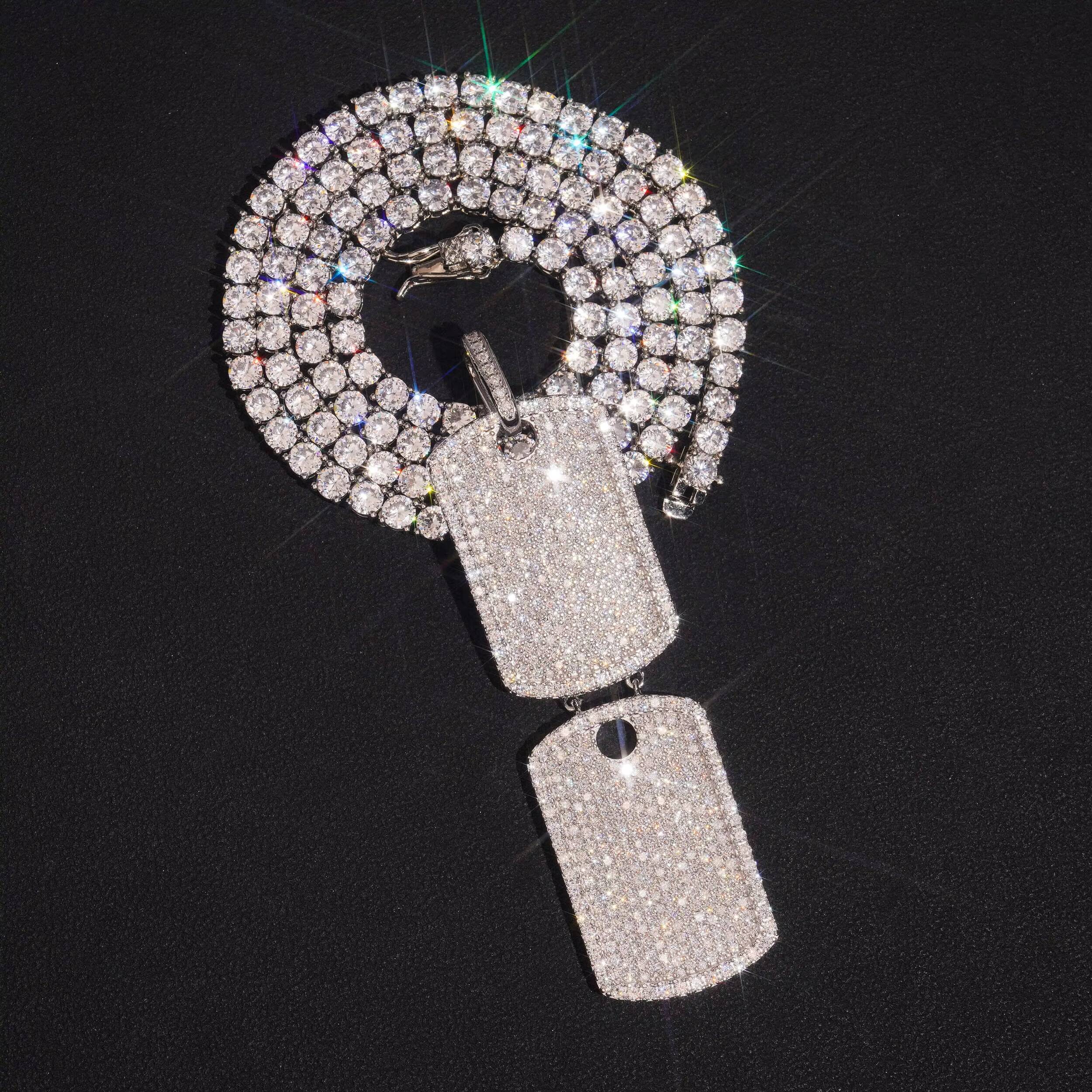 White Gold VVS Moissanite Diamond Double Dog Tag Pendant Match 4MM Tennis Chain Necklace