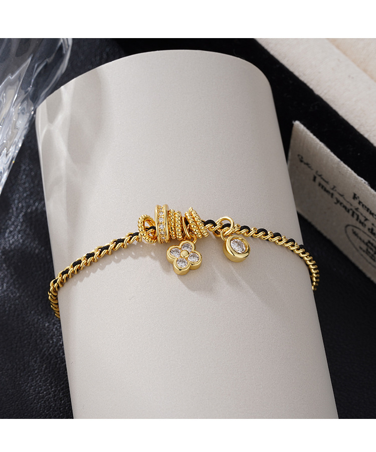 New Style -Inspired Black Gold Four-Leaf Clover Zircon Bracelet Vintage Elegant Weaving Running Ring Jewelry for Women - view 7