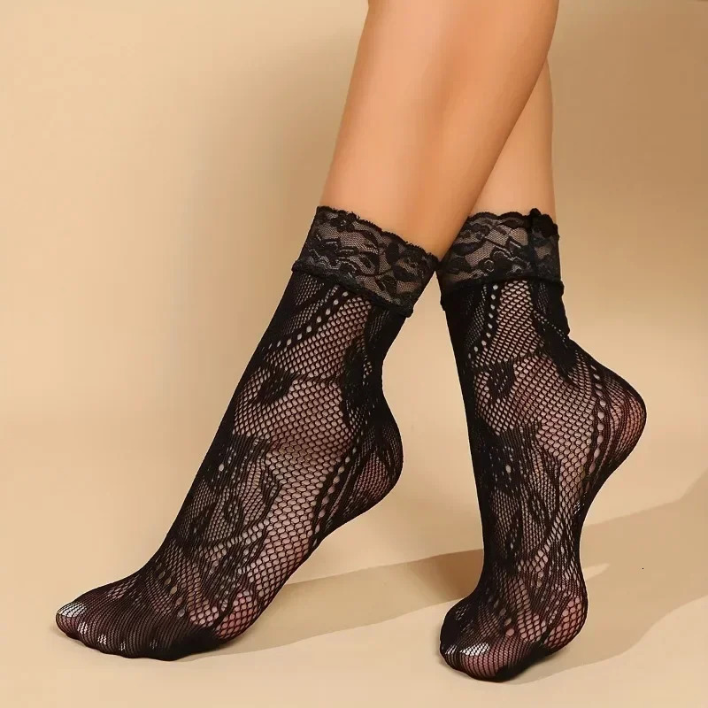 5 Pairs Floral Lace Socks Thin Breathable Short Socks Summer Mesh Lolita Fishing Net Womens Stockings Hosiery 250825