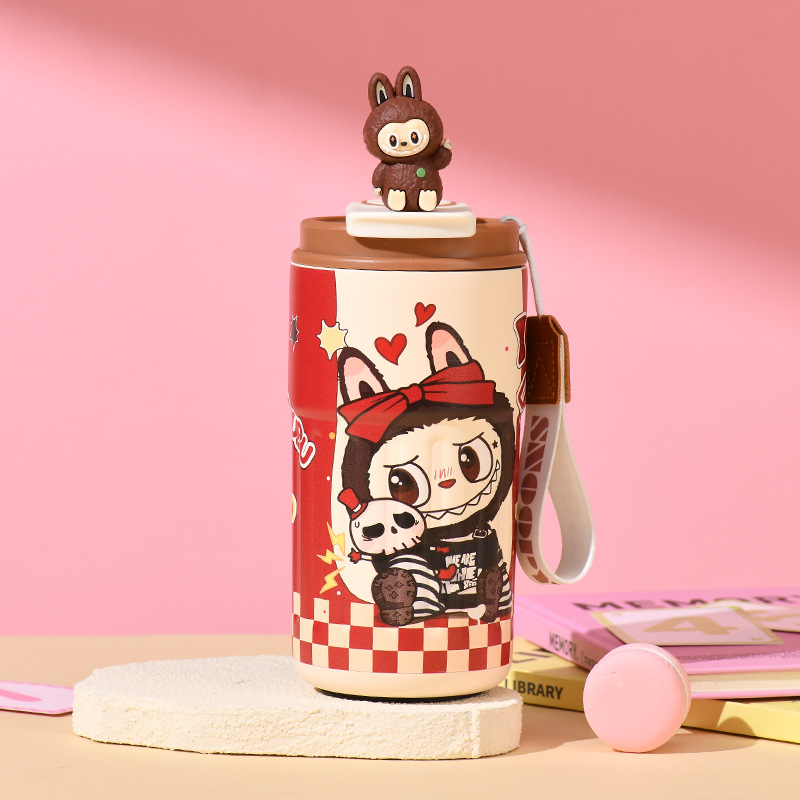 Designer Water Bottle Luxury Cartoon Girls Portable Double Wall Vacuum Coffee Cups Travel Mug Stainless SteelThermos Tumbler with Handle Black