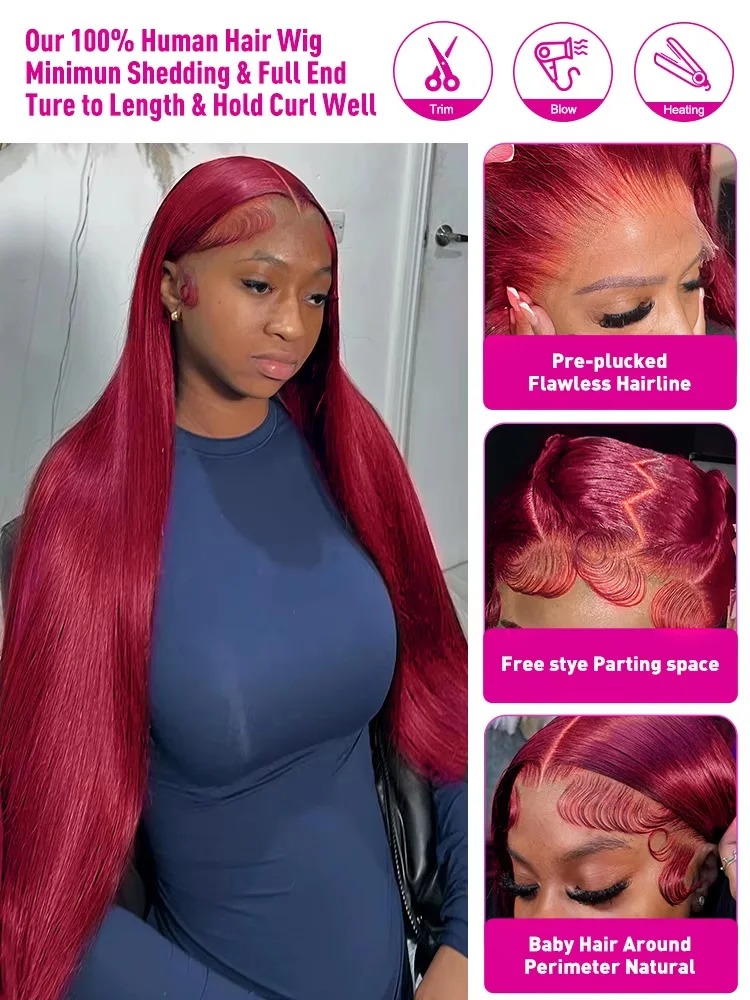 30 40 Inch Burgundy High Density Red Color Preplucked Hairline Wear And Go 13x6 HD Lace Frontal Human Hair Wigs Gluelesss Straight Lace Front Wig For 