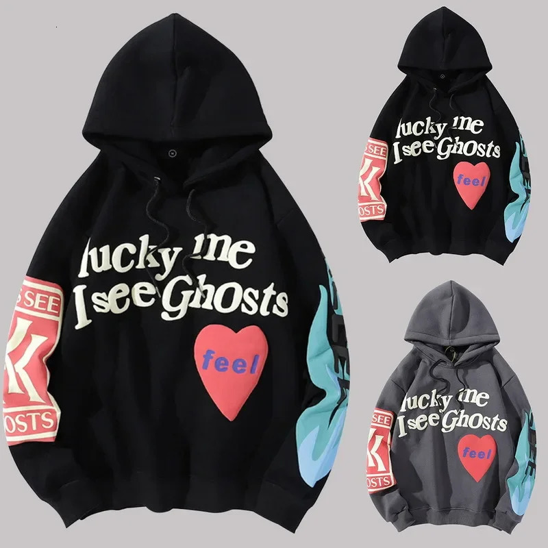 Harajuku Weirdo Graffiti Letter Printed Hoodies Men 2025 Lucky Me I See Ghosts Mens Hooded Sweatshirt Fleece Pullover Streetwear 250825