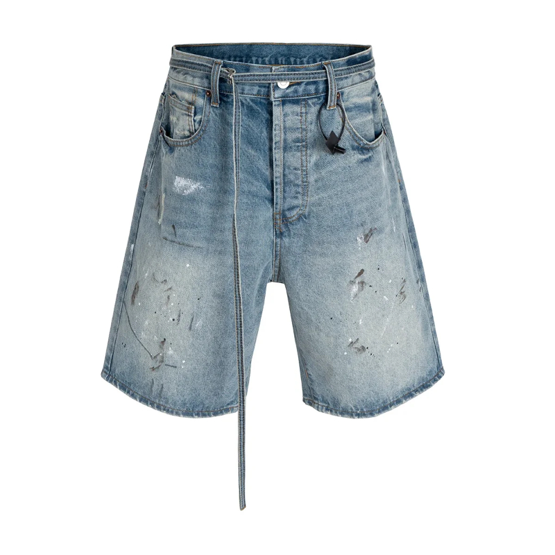 MIJKO Streetwear New Summer Ink Splashed Hand-painted Denim Shorts Mens Straight Blue Washed Baggy Knee Length Jeans Pants Oversized