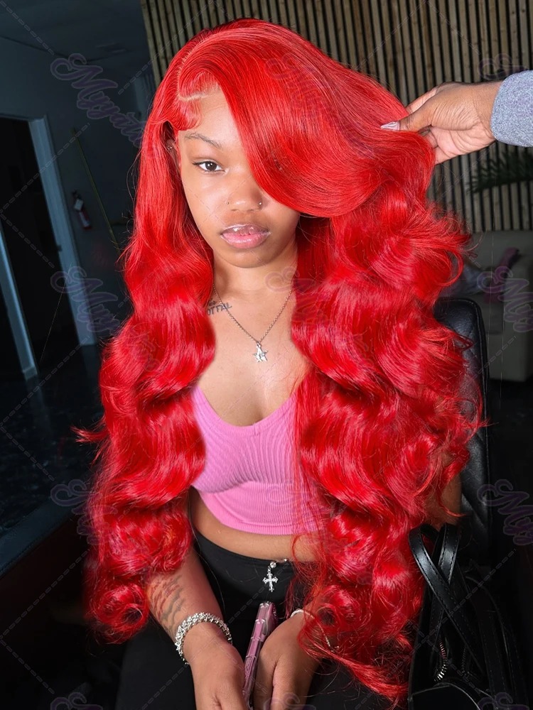 30 34 Inch Hot Red Body Wave High Density 13x4 Hd Lace Frontal Wig Brazilian Pre-Cut Water Wave Gluelesss 13x6 Lace Front Color Human Hair Wigs 200% F