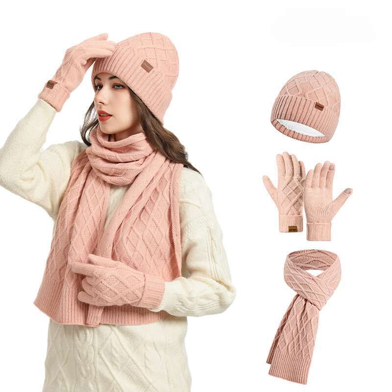 casquette beanie cap Scarf, Gloves, Three-Piece Set Winter Cold-Proof Ear Protection Knitted Outdoor Warm Hat