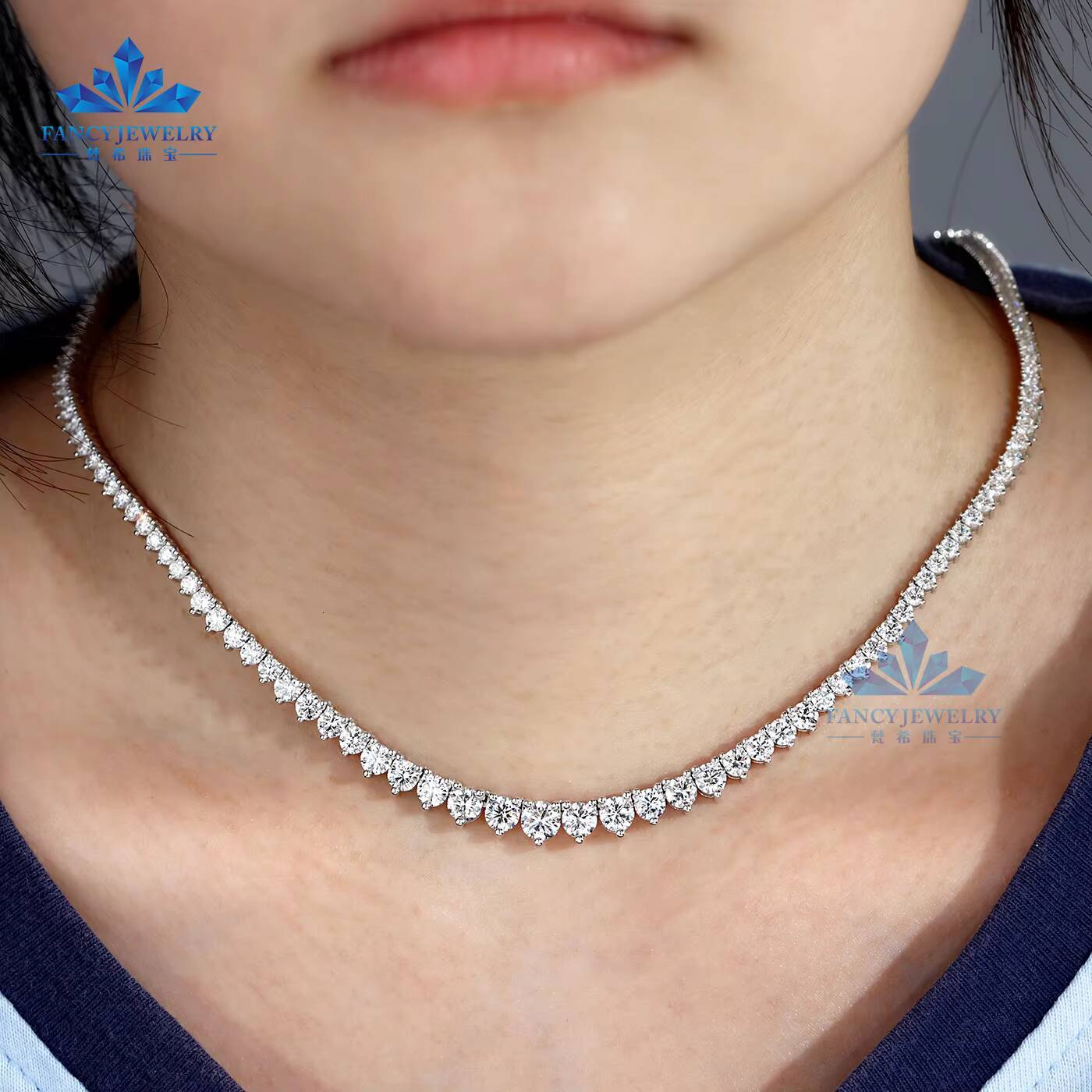 Factory Custom 2mm5mm Graduated Lab Grown Diamond Necklace Luxury 925 Silver Diamond Tennis Chains with IGI/GRC