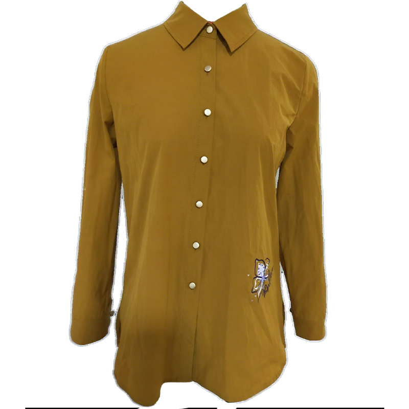 Women's Long - Sleeve Mustard Yellow Button - Down Shirt with Embroidered Detail