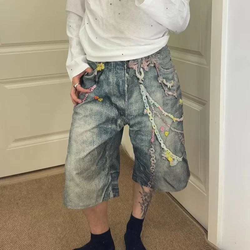 MIJKO 3D Candy Chain Print Baggy Jeans Shorts for Men Streetwear Summer Wide Leg Patchwork Casual Loose Knee Length Pants Oversized