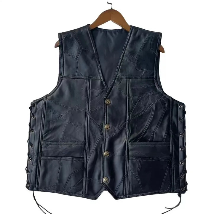 2025 Mens Stitching Leather Vneck Vest Two Sides Threading Casual Motorcycle 250818