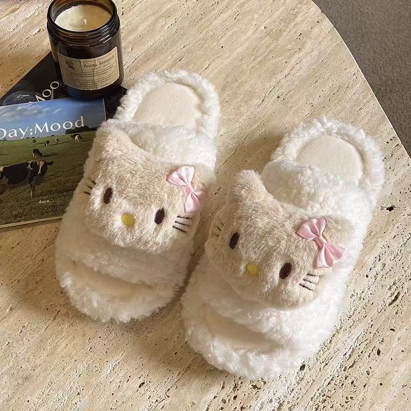 Free Shipping Cute Little Cat Furry Cartoon Women's Outdoor Wear 2025 Autumn And Winter New Flat Bottom Anti Slip Plush Cotton Slippers Without B