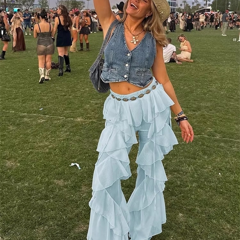 Weird Puss Irregular Tierred Flare Pants Women Y2K Patchwork See Through Summer Hipster Wild Basic Street Trend Classic Trousers 250825