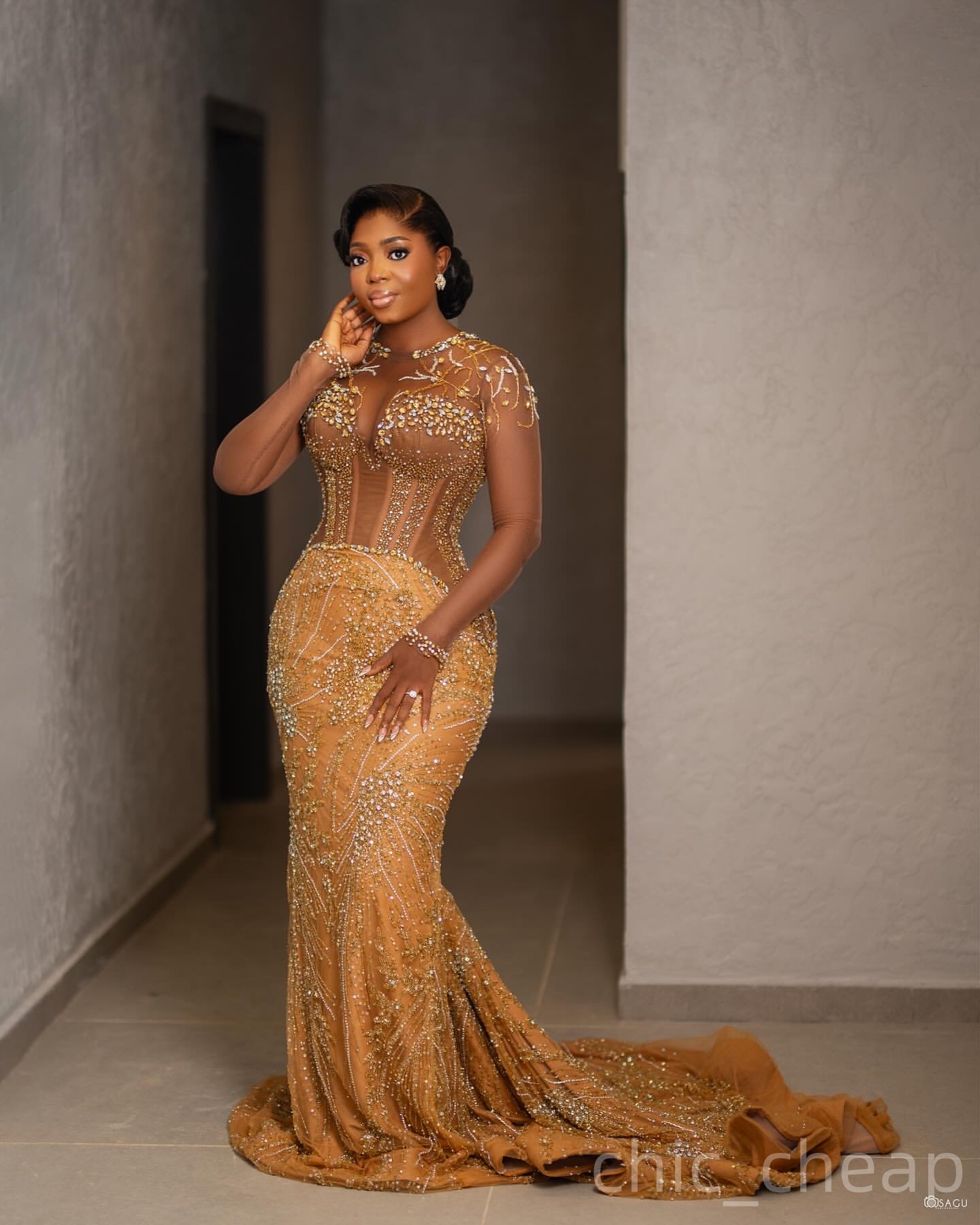 Gold Mermaid Prom Dresses 2025 Illusion Crystals Beaded Sequined Evening Formal Party Second Birthday Engagement Gowns Plus Size Dress For Special Occ