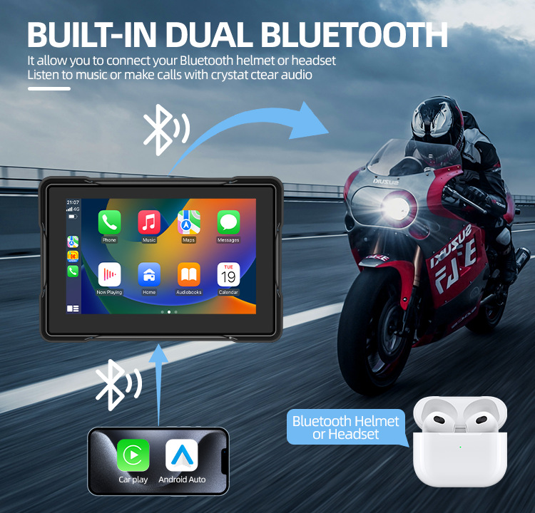 5 Inch Portable CarPlay for Motorcycle, Waterproof Touchscreen Wireless Carplay Android Auto Screen GPS Navigation for Motorbike