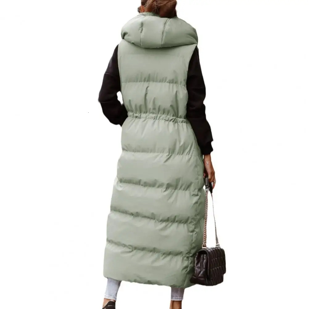 Women Down Coat Jacket Windproof Winter Female Down Jacket Zipper Long Sleeveless Hooded Tight Waist Puffer Coat Winter Vest 250825