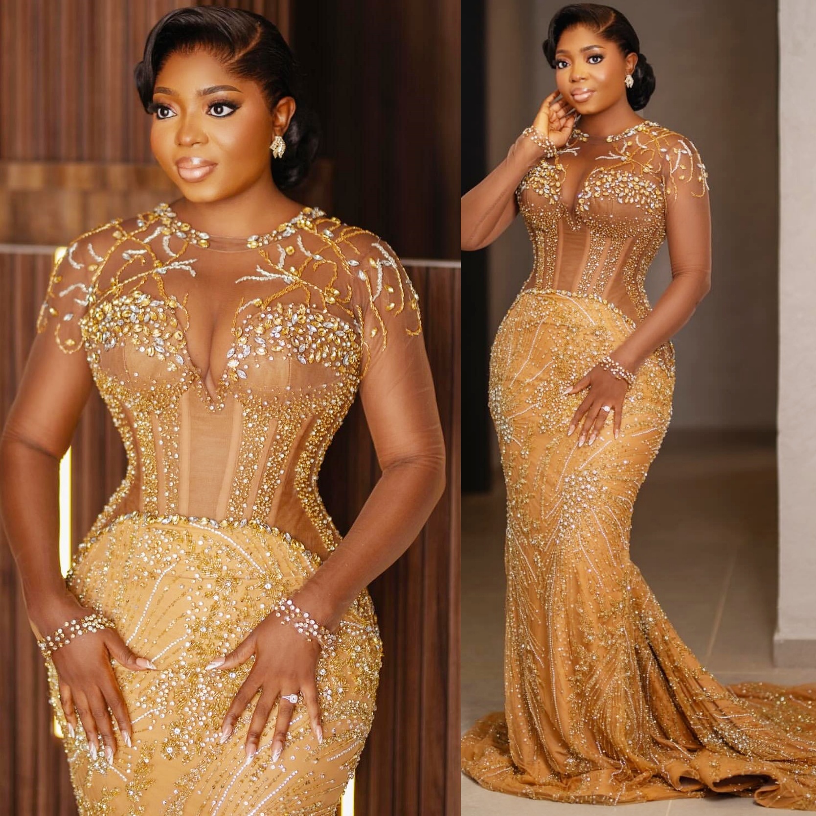 Gold Mermaid Prom Dresses 2025 Illusion Crystals Beaded Sequined Evening Formal Party Second Birthday Engagement Gowns Plus Size Dress For Special Occ