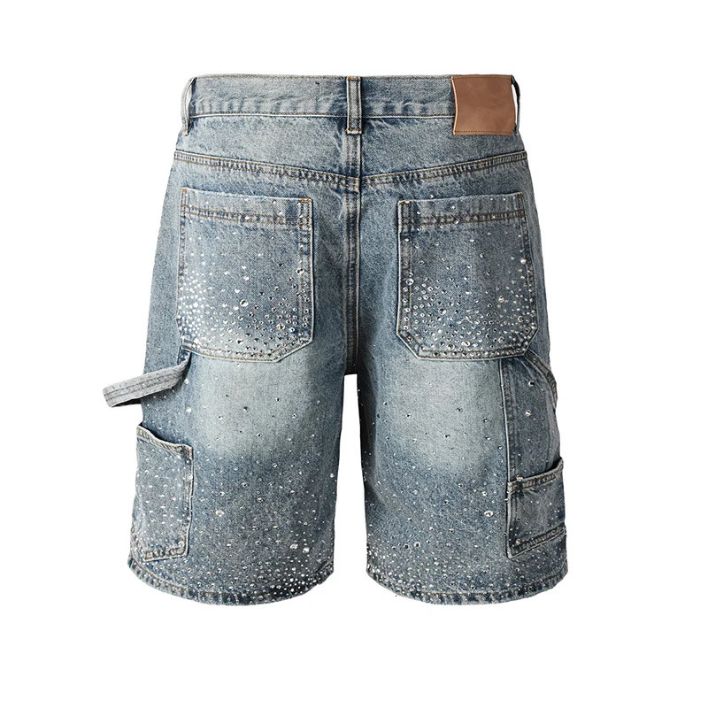 Mens High Street Distressed Washed Vintage Blue Rhinestones Ripped Jean Denim Short Pants 250825