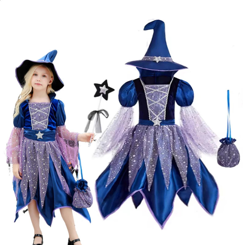 Halloween Party Costumes Witch Dress for Girls Kids Cosplay Carnival Witch Costume Pumpkin Dress Up With Bag Hat Wand Clothing 250823