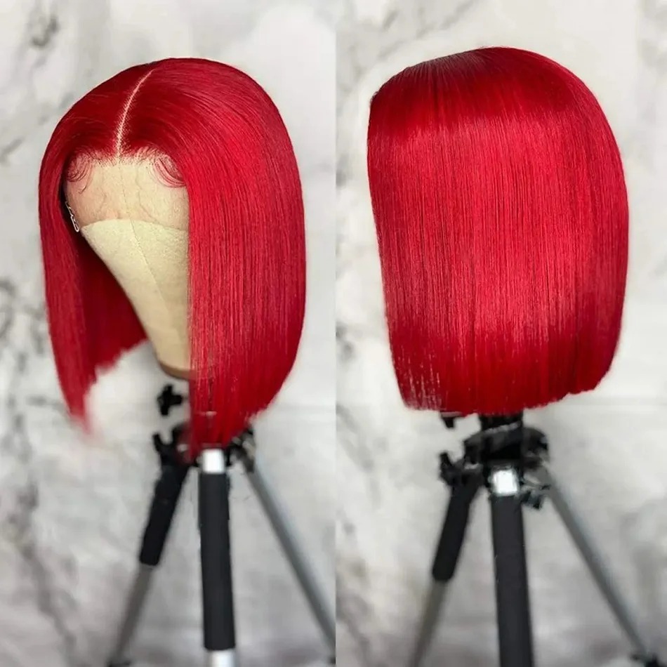 Pre-Cut Hot Red Colored Transparent Short Bob Human Hair Wigs High Density Peruvian Red Straight Gluelesss 13x4 Lace Front Wig For Women PrePlucked Wi