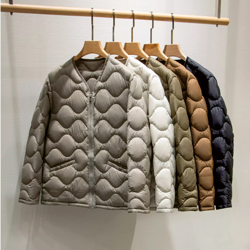 High Fluffy Wave Quilted Thread V-neck Men's Lightweight Down Jacket Coat Quality Single Item
