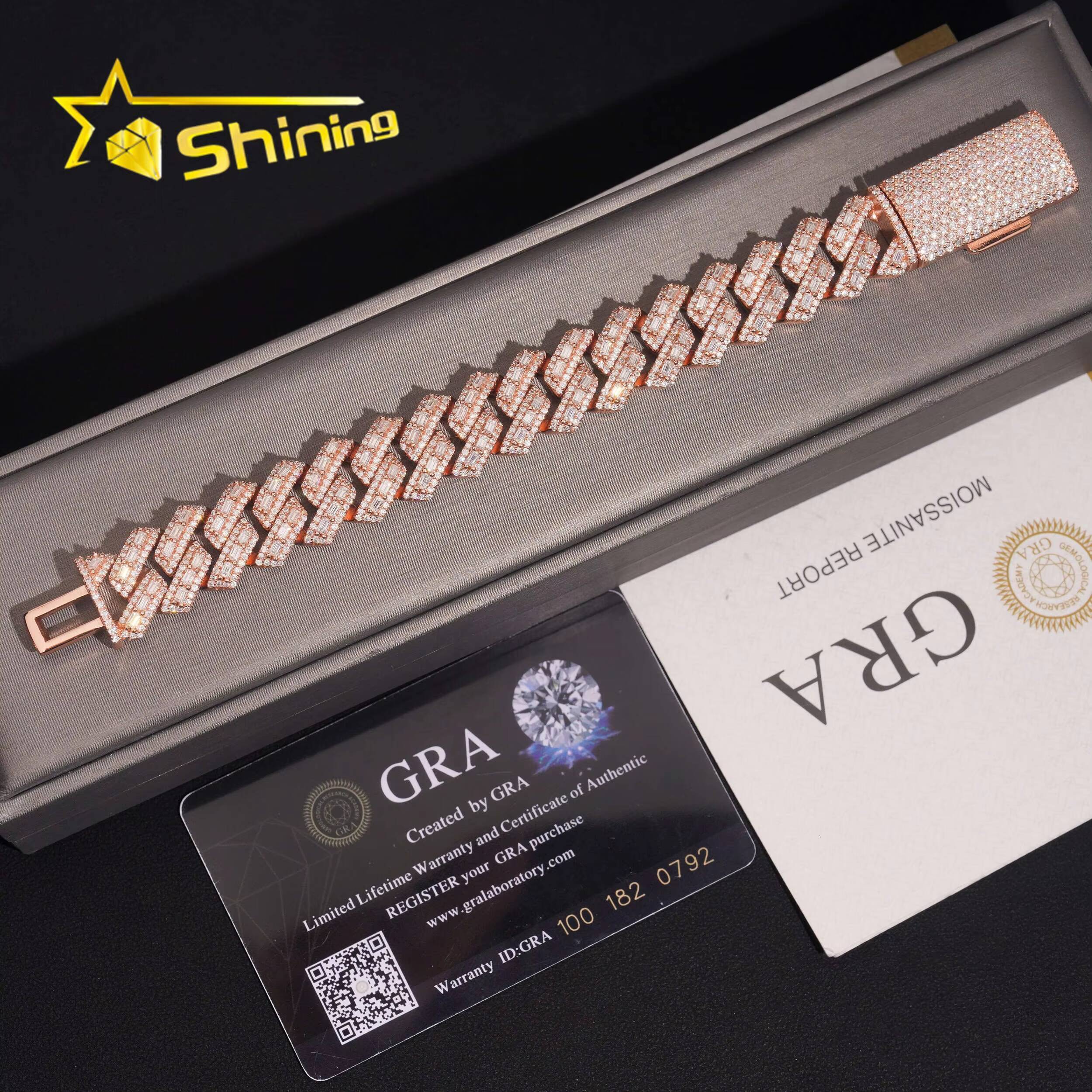 Hip Hop Fine Jewelry 16mm Width Baguette Diamond 925 Silver Rose Gold Men Moissanite Cuban Link Bracelet