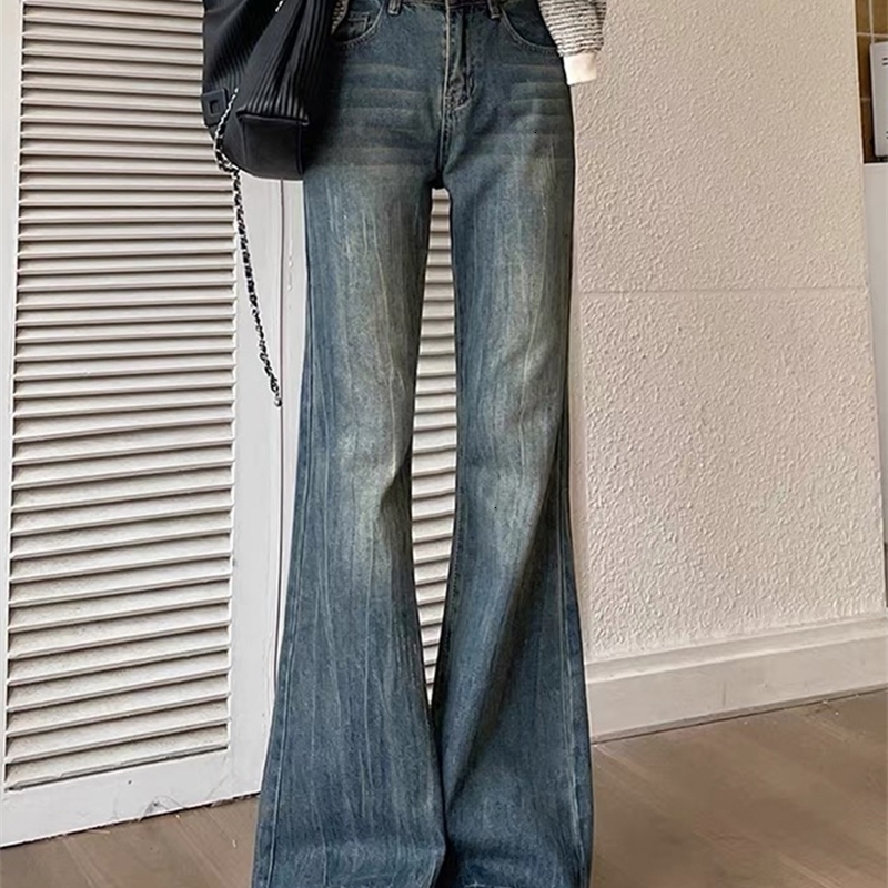 Jielur Fashion Slim Casual Vintage Blue Womens Jeans Winter American Style Chic Office Ladies Pockets Basic Female Flare Pants Z260313