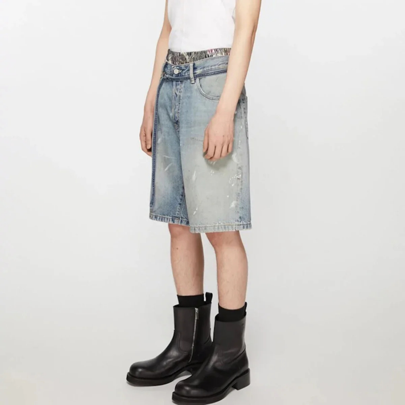 MIJKO Streetwear New Summer Ink Splashed Hand-painted Denim Shorts Mens Straight Blue Washed Baggy Knee Length Jeans Pants Oversized