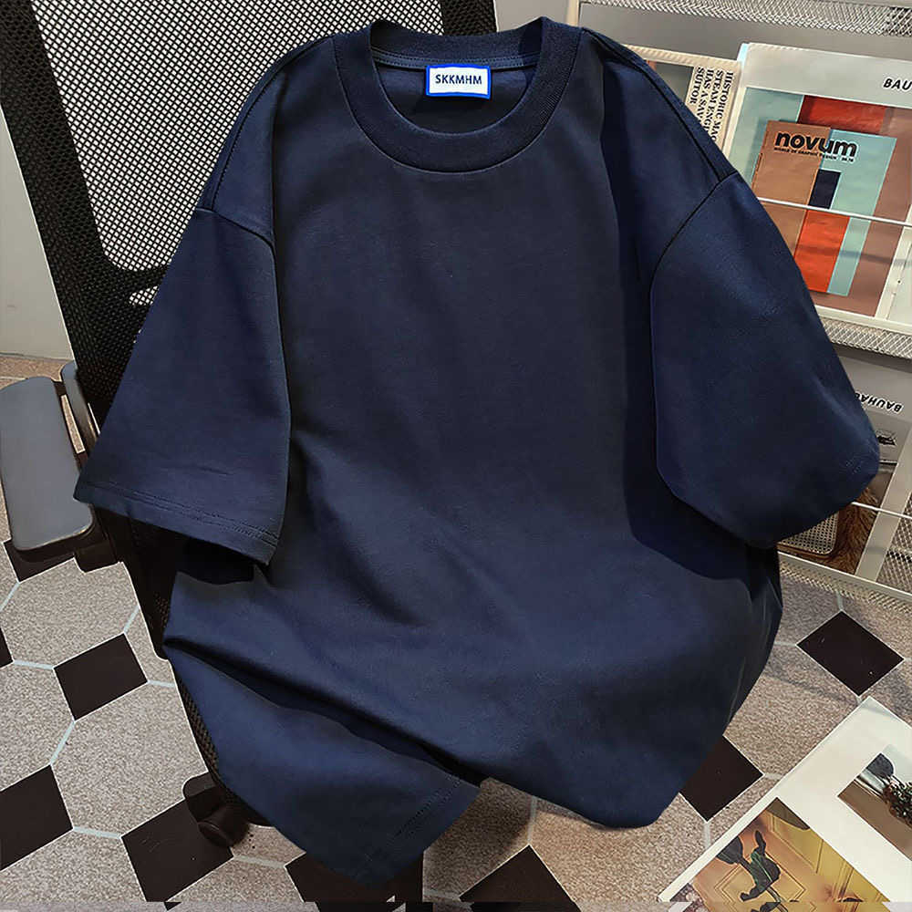 100% pure cotton, simple Korean-style, navy blue basic short-sleeved t-shirt, summer loose fit