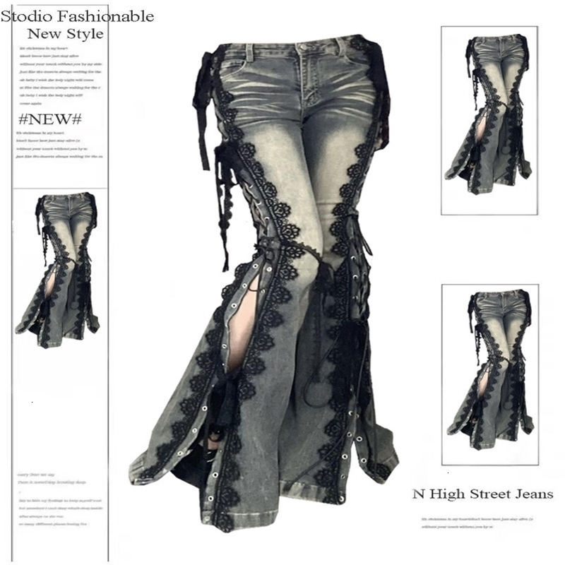 Low Rise Split Bootcut Pants Women Spring Eyelets Lace Up Flare Jeans Retro Stitch Slim Bell Bottoms Strtwear Z260313