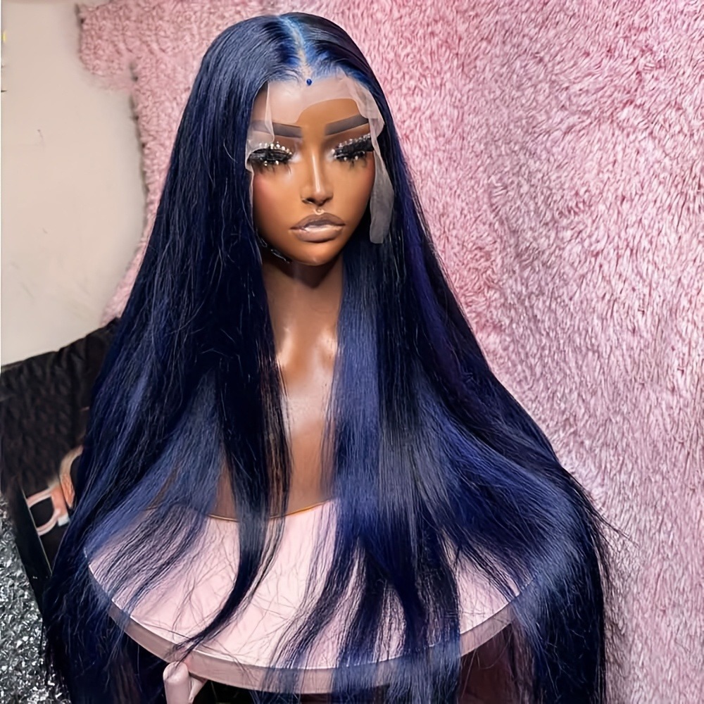 Midnight Blue Straight 13X4 HD Lace Frontal Human Hair Wigs Brazilian 13X6 Lace Front Wig Dark Blue 250% Density Wear And Go Glueless Synthetic for Women