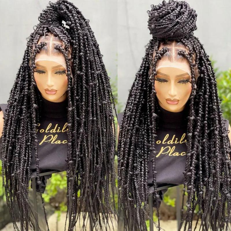Lace Front Knotless Braided Wigs for Women Box Braid Wig with Baby Hair Synthetic Braided Lace Front Wigs for Women 36 inches 13X4 Lace Frontal Black 