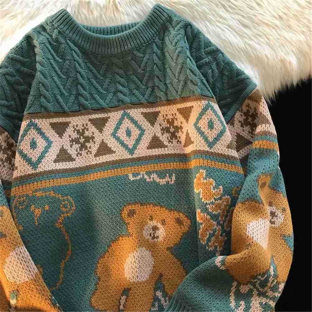 Tsute Bear Tops Oversize Men Ggigh Street Knitting Sweater Tops Autumn Pullover Loose Harajuku Kawaii White Women Couple Sweaters Z250825