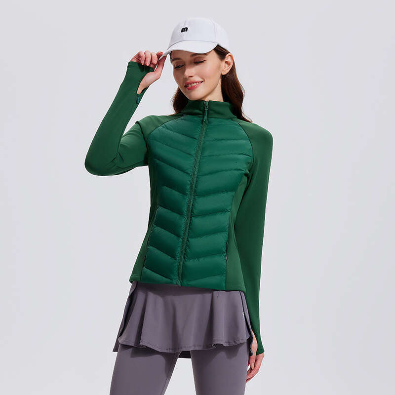 3-Proof Sports Down Jacket for Women, Outdoor Running, Windproof, Warm, Fitness Top, Lightweight, Slim Fit, Stand Collar, Ribbed Coat d9 01