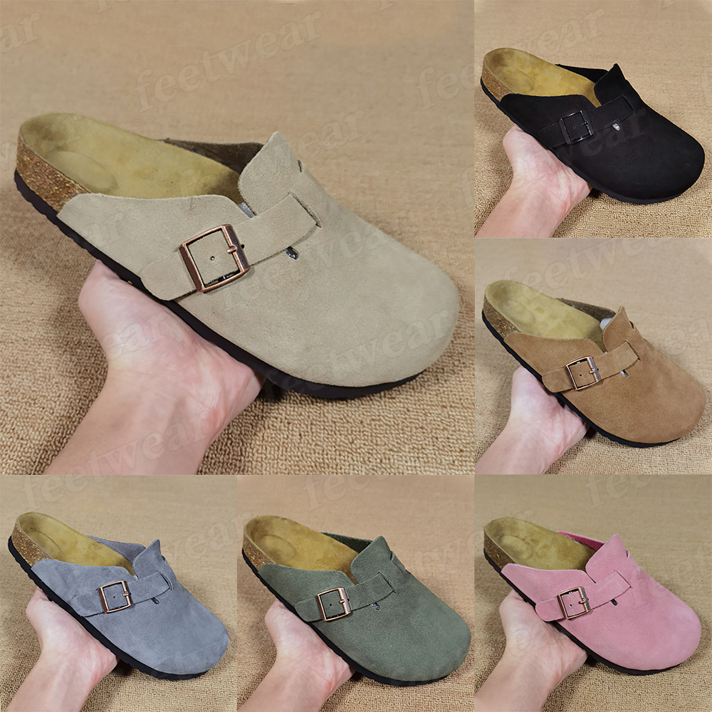 Designer Slides Slippers for Men Women Boston clog Suede soft footbed Hook Loop Sandals Summer Beach Flat Heel Slipper chestnut Outdoor womens mens shoes