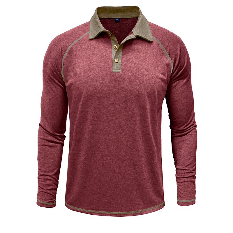 Men's Long - Sleeve Polo Shirt with Raglan Sleeves, Contrast Collar and Button Placket