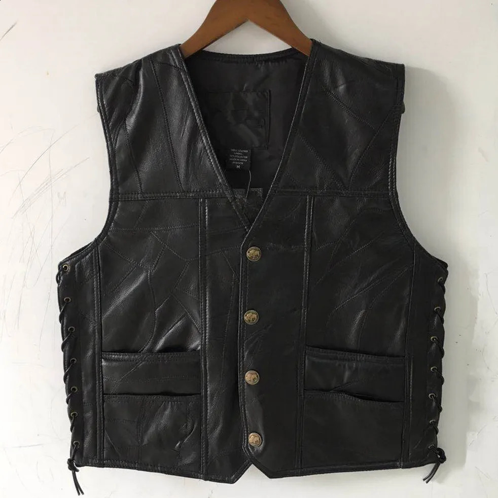 2025 Mens Stitching Leather Vneck Vest Two Sides Threading Casual Motorcycle 250818