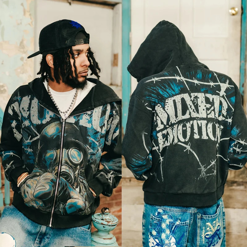 MIXED EMOTION Hooded Sweatshirts Rapper Hip Hop High Quality Graffiti Full Print Zipper Hoodie Mens Womens Clothing 250825