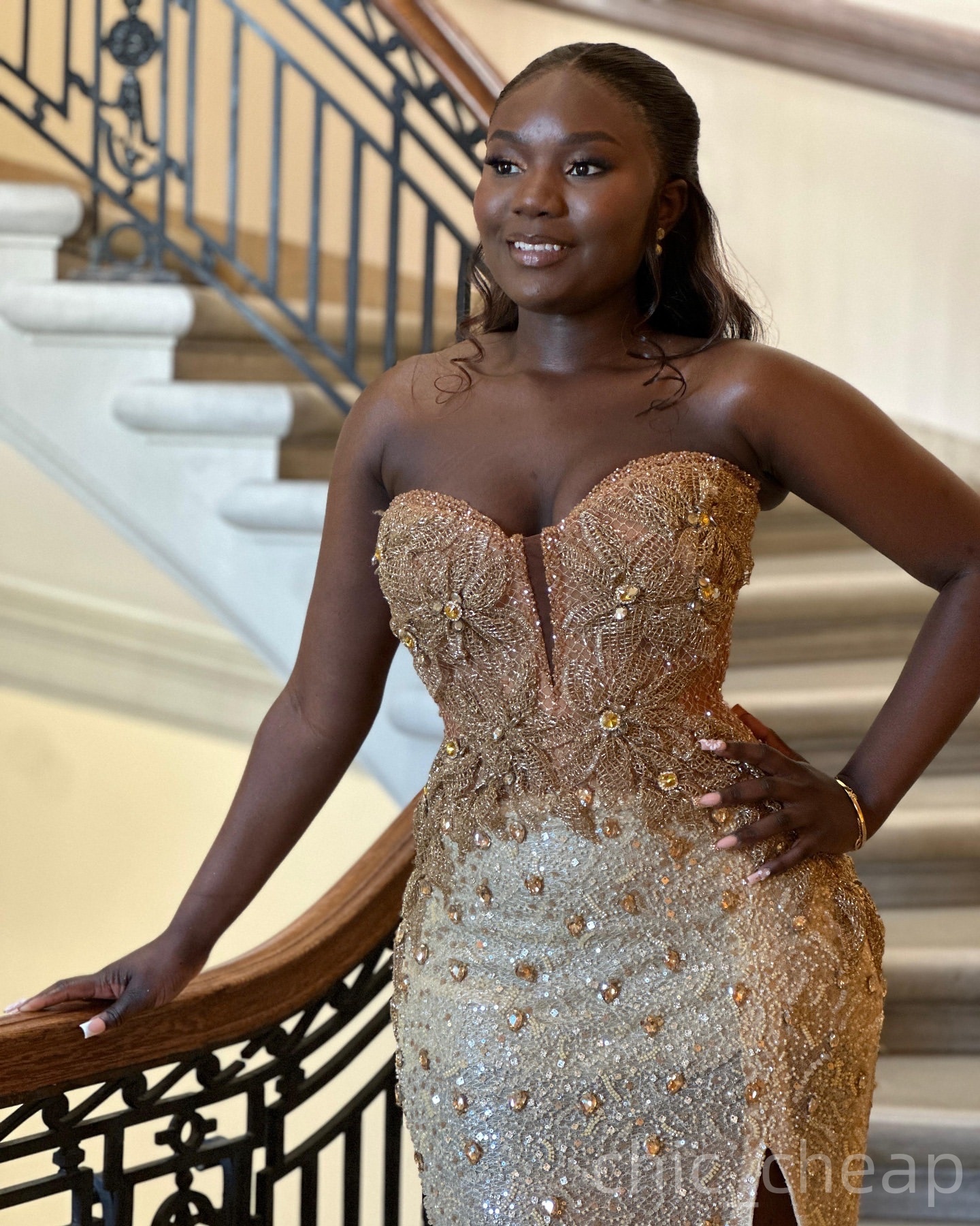Champagne Mermaid Prom Dresses 2025 Crystals Flowers Sequined Elegant Evening Formal Party Second Birthday Engagement Gowns Plus Size Dress For Specia