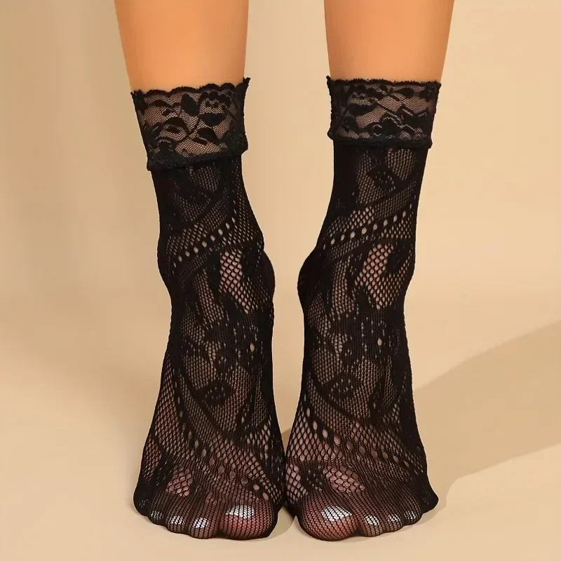 5 Pairs Floral Lace Socks Thin Breathable Short Socks Summer Mesh Lolita Fishing Net Womens Stockings Hosiery 250825