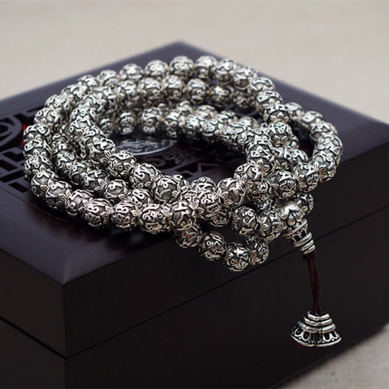 108 Beads Mantra Bracelets For Men and Women Six Words Engraved 925 Sterling Silver Om Mani Padme Hum Prayer Multilayer Bracelet 240305