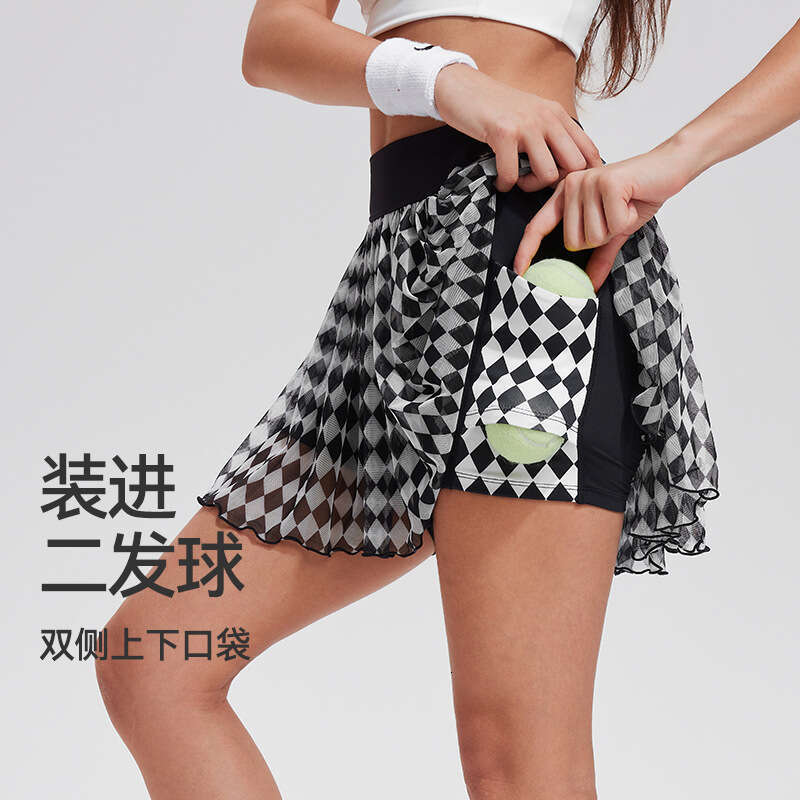 New Checkered Sports Short Anti-Exposure Lightweight Breathable Mesh Fitness Outdoor Golf Tennis Skirt e7