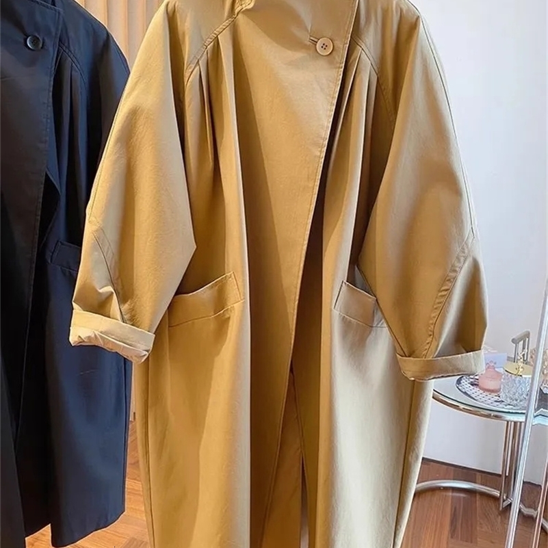 High End Stand Up Collar Outwear 2025 Spring Plus Size Womens Casual Loose Mid Long Windbreaker Lining Jacket Khaki Black Top 250823