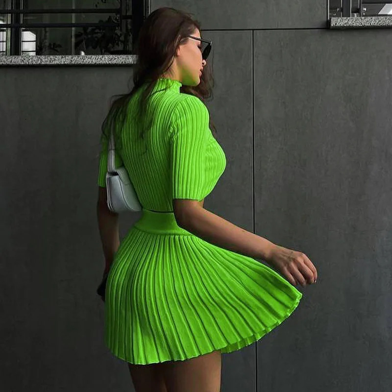 Cryptographic Fashion Elegant Knitted Dress Sets Sexy Pleated Matching Set Outfits for Women Winter Mini Skirts 2 Piece Sets 250825
