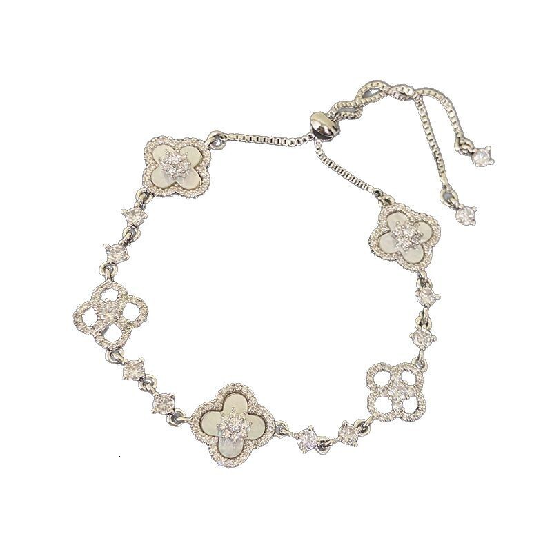 Natural Pink Shell Four-Leaf Flower Zircon Pullable Bracelet for Women Hollow Design Sense Elegant Exquisite Light Jewelry - view 6