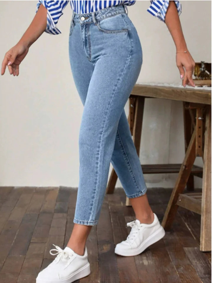 Pocket Micro Elastic Waist Solid Color Womens Straight Leg Pants Fashion High Street Daily Versatile Spring Jeans Z260313