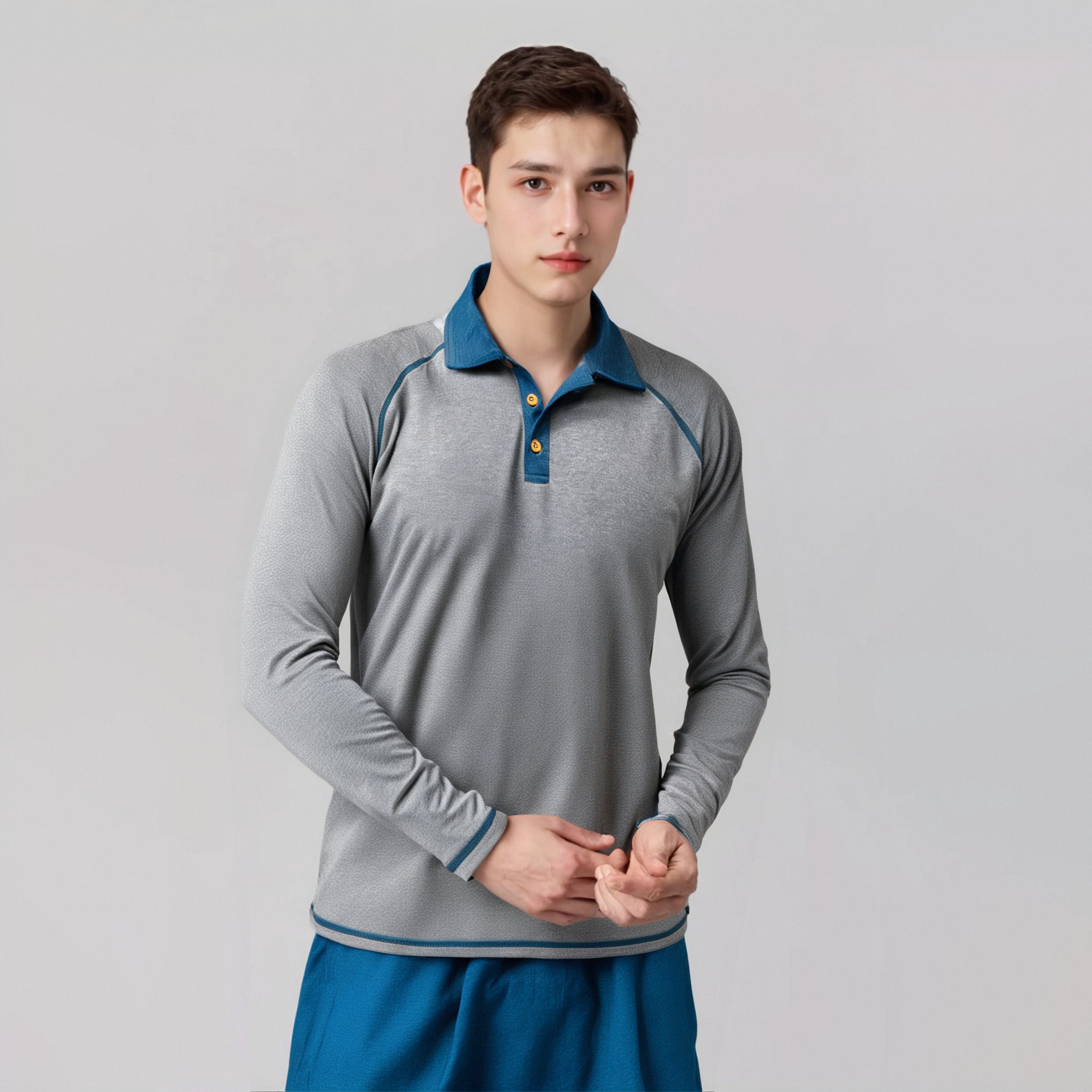 Men's Long - Sleeve Polo Shirt with Raglan Sleeves, Contrast Collar and Button Placket