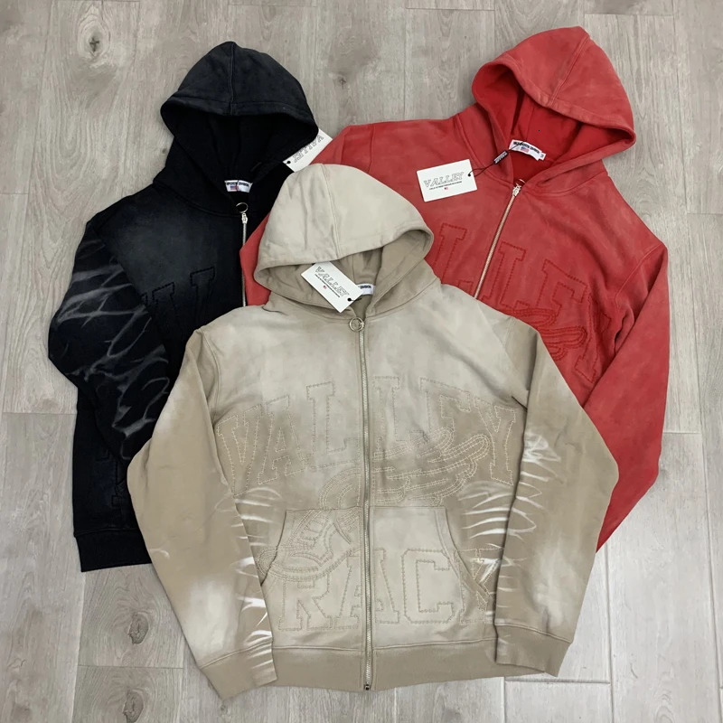 Real Po VALLEY Hoodie American Streetwear Vintage Red Tops ed Fashion Zipper Hooded Cardigan Vale Jacket 250825