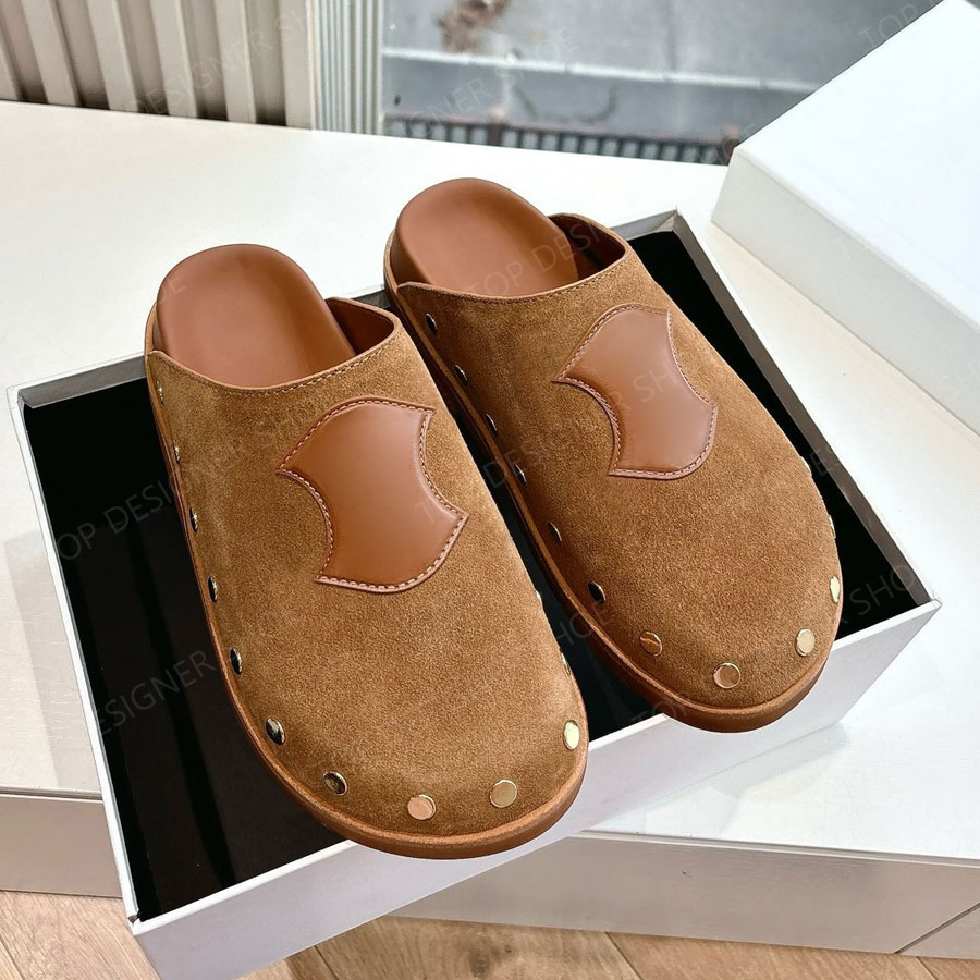 top quality Suede real leather mules Flat heel slipper slides womens slip on Beach sandal Luxury designer slides for womens Leisure Vacation shoes