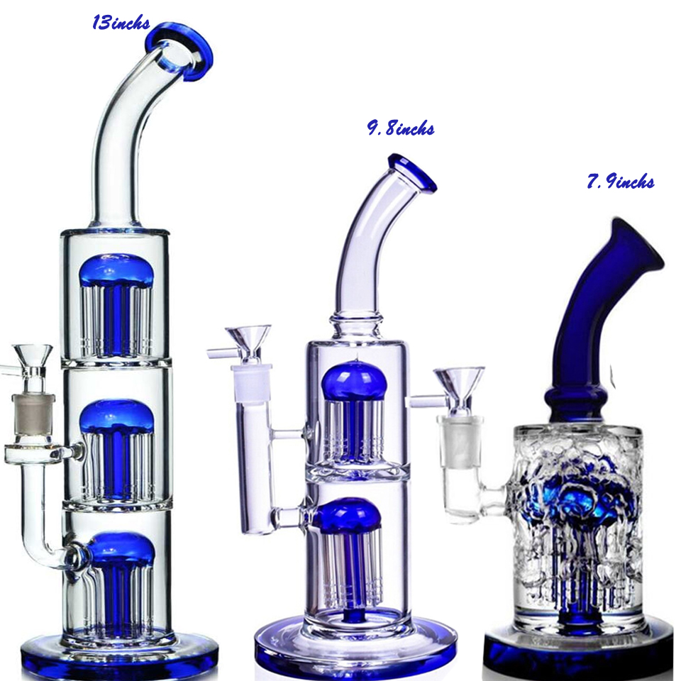 Blue Glass Bong Double Arm Tree perc Smopking Glass Water Pipes Hookahs Recycler Dab Rigs Accessory With 14mm Bowl