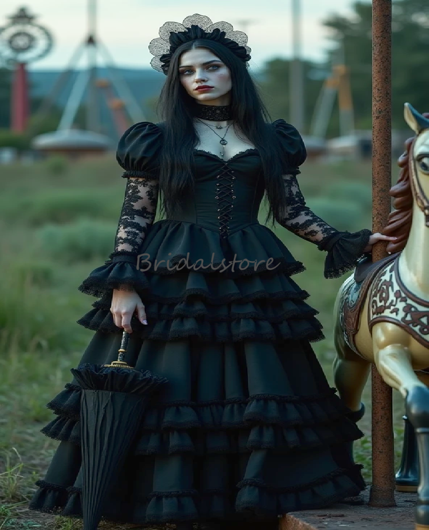 Gorgeous Sorceress Gothic Wedding Dress Tiered Ruffles Long Sleeve Lace Bride Dress 2025 Halloween Costume Historical Reenactment Cosplay Bridal Dress